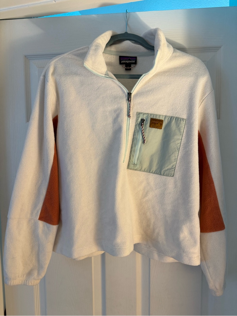 Patagonia Cream Fleece Pullover with Mint Pocket and Rust Elbow Panels